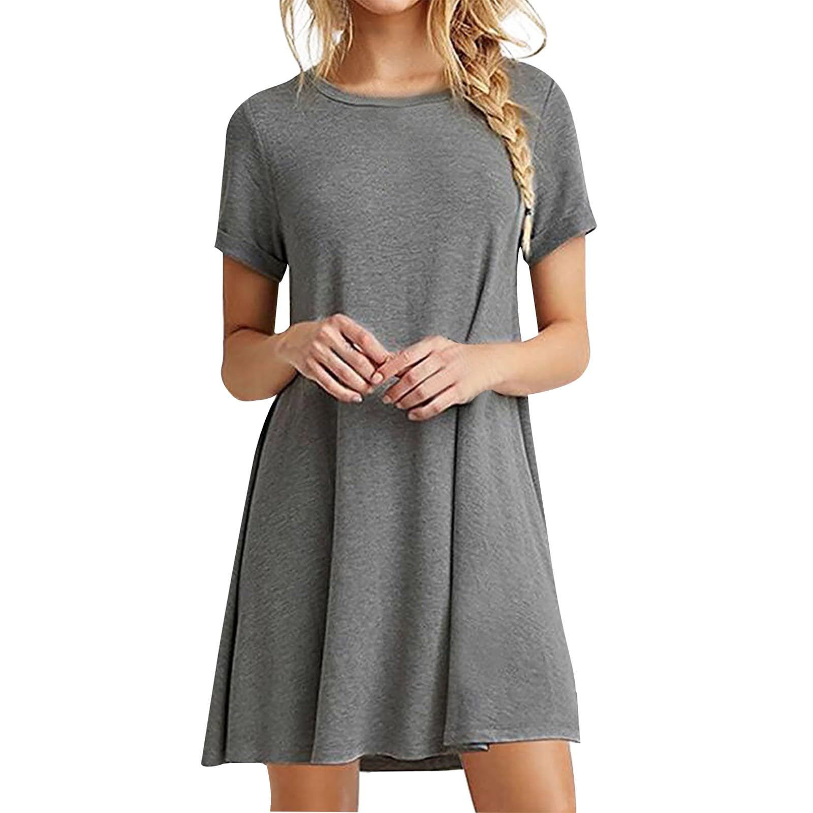 Women Summer Dresses 2024 Solid Color Printed Swing Pockets Short Sleeve Midi Dress Casual Beach Round Neck Skirt Dress