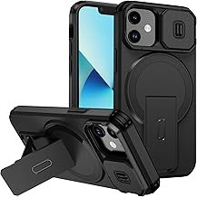 for iPhone 13 Mini / 12 Mini Case with Camera Slide Cover, Military Grade Slim Phone Cover Built-in Kickstand Magnetic Wireless Charging Shockproof Case for iPhone 13 Mini/12 Mini, Black