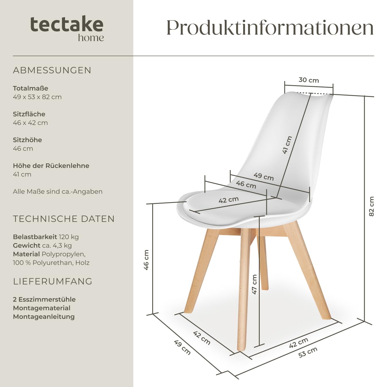 tectake® 2er Set Esszimmerstühle, Stühle, Küchenstühle modern, Essstühle, Stuhl für Wohnungseinrichtung skandinavisch, Küchenstuhl oder Esszimmerstuhl, Holzstuhl, Esszimmermöbel - weiß, 2er Set