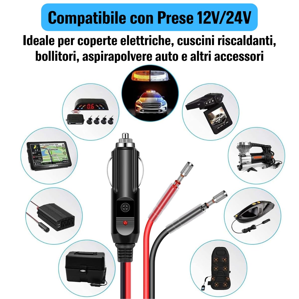 2 Pezzi Spinotto Presa Accendisigari Auto 12V/24V, Adattatore Maschio con Cavo 15CM 16AWG e Fusibile da 15A, Presa Accendisigari Universale per Auto, SUV, Camion, Veicoli DC