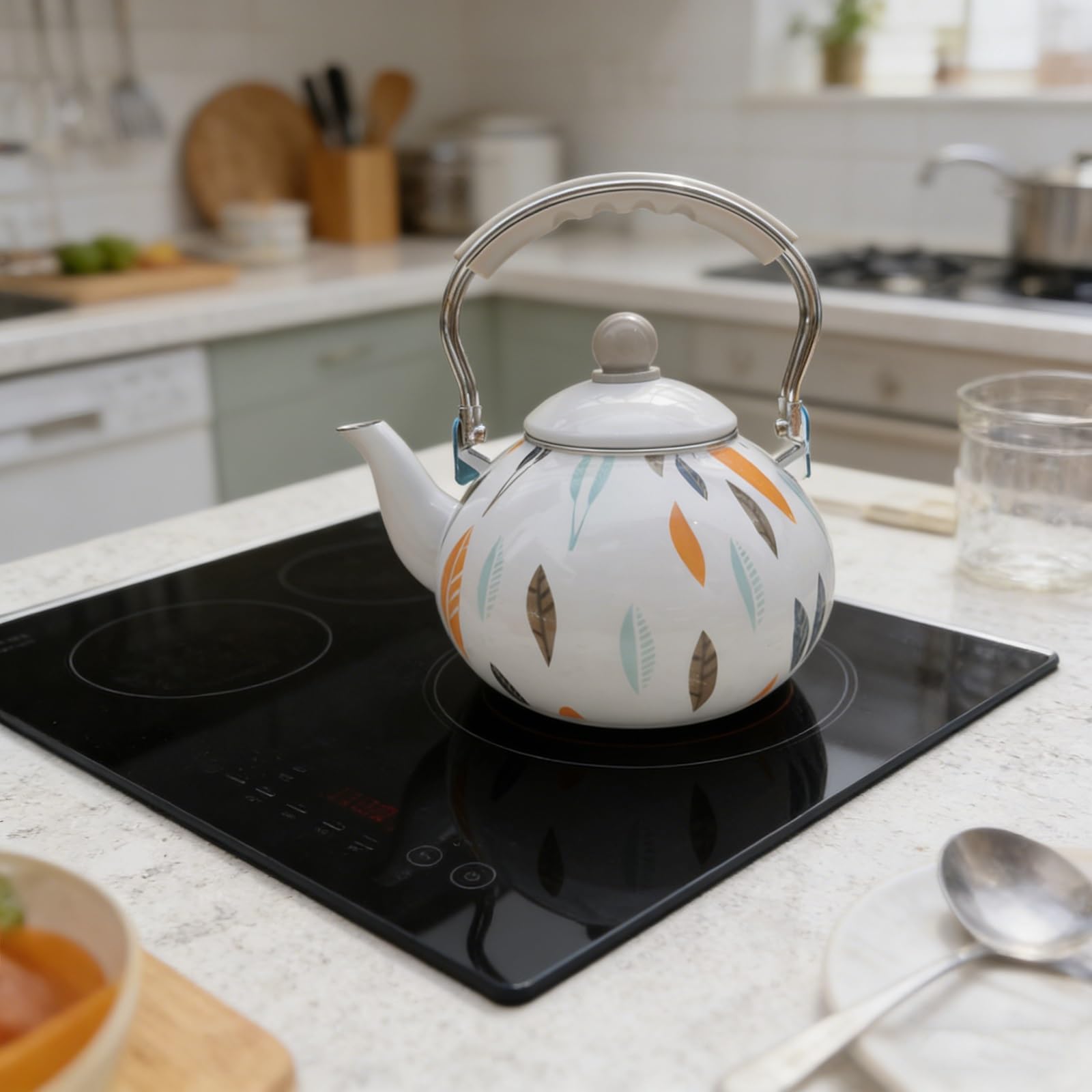 Hervidor de té esmaltado, Hervidor de acero esmaltado de gran capacidad (3 litros) con asa ergonómica plegable, apto para cocinas de gas, eléctricas y de inducción.