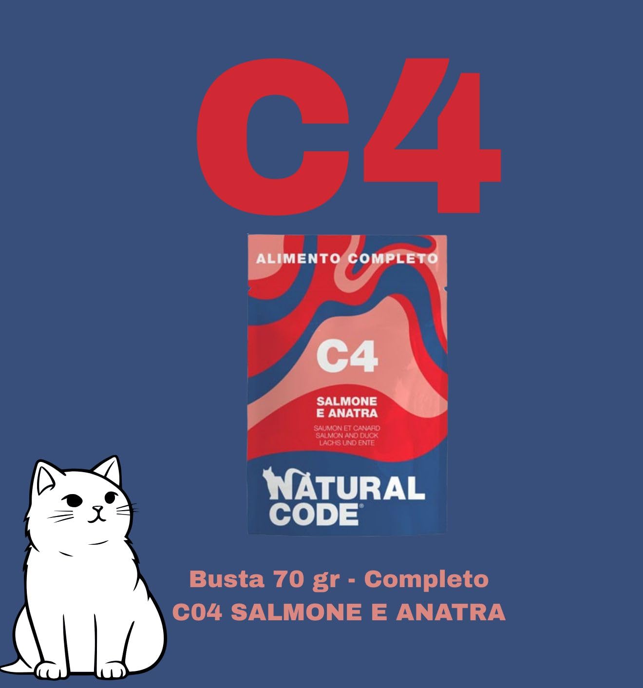 Natural Code húmedo para gatos adultos con sabor a salmón y pato, número C04, suaves sacapuntas en agua de cocción para gatos adultos de todas las tallas, altamente digerible | 12 sobres de 70 gramos