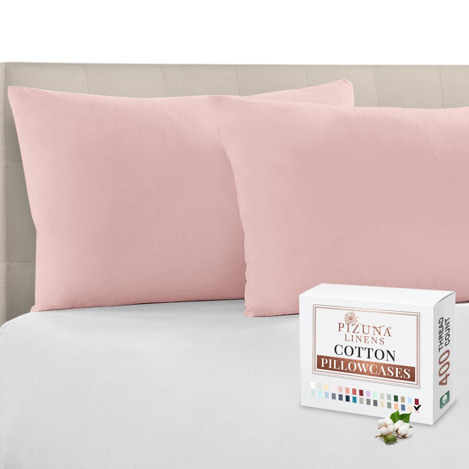 Pizuna Light Pink 100% Cotton Housewife Pillowcases 2 Pack 48X74cm, 400 Thread Count Long Staple Combed Cotton Pillow Cover, Sateen Weave Standard Housewife Pillowcase (Cotton Pillowcase Pack Of 2)