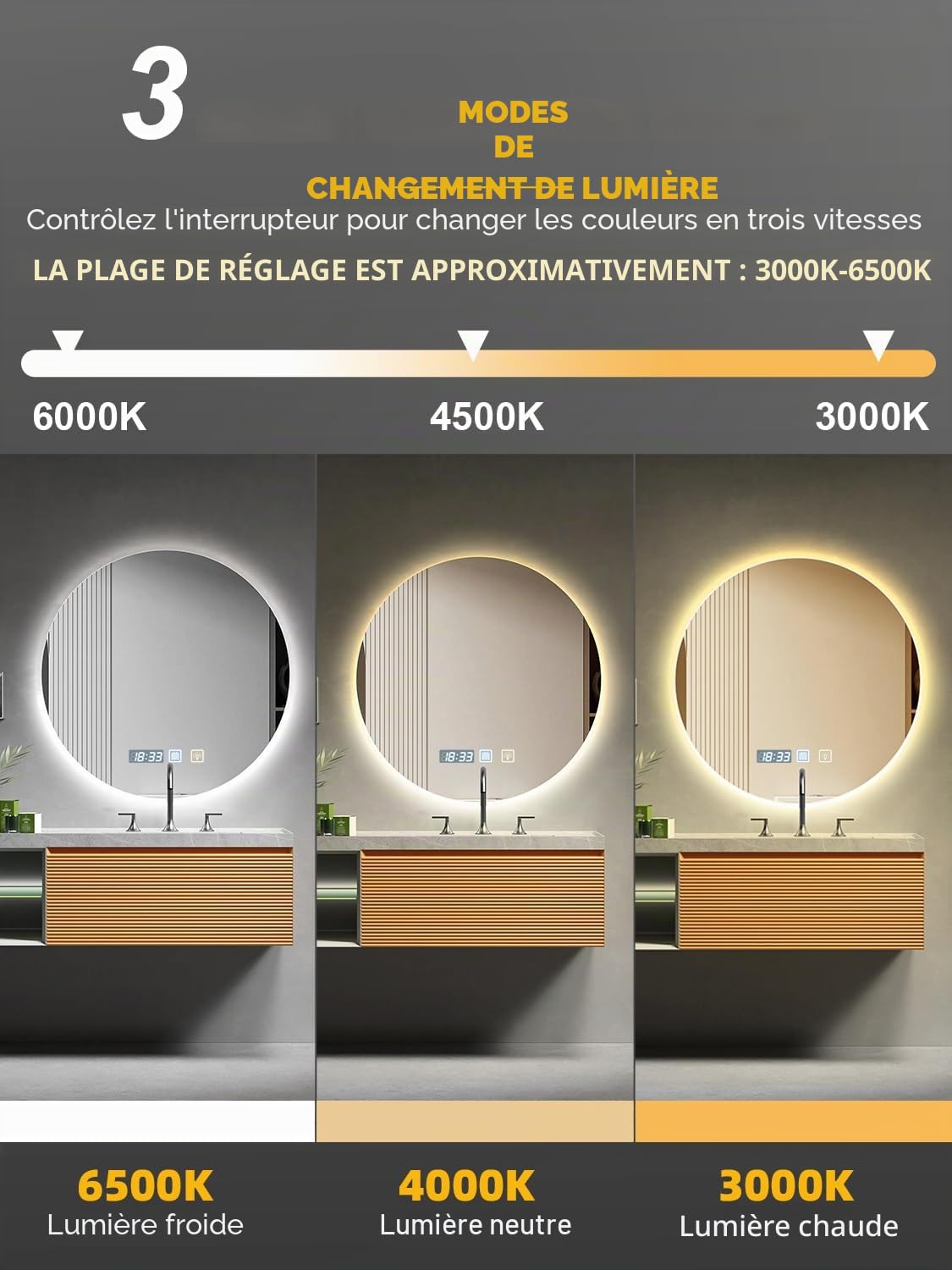 Miroir de salle de bain LED rond de 60 cm avec éclairage - Intensité variable et 3 températures de couleur (blanc chaud/blanc froid/lumière du jour) - Interrupteur tactile - LED économe en
