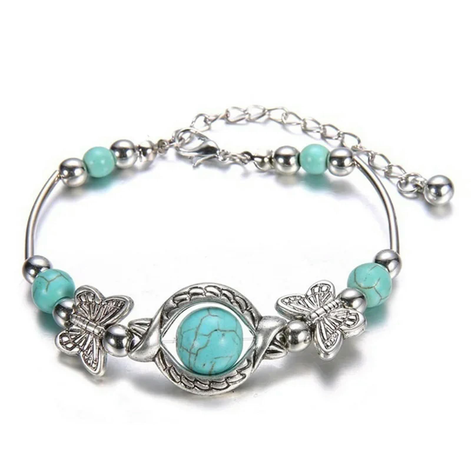 King Trendy Mujer Pulsera de Mariposa Patrón Tallado Personalidad Cuentas Turquesa Cadena de Mano