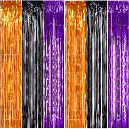 Image of TONIFUL 2Pcs Orange Purple Black Metallic Tinsel Foil Fringe Curtains,3.28ft x 6.56ft Halloween Photo Booth Backdrop Streamer,Photo Props,for Party Door Wall Curtains Wedding Birthday(6.6ft x 6.6ft)