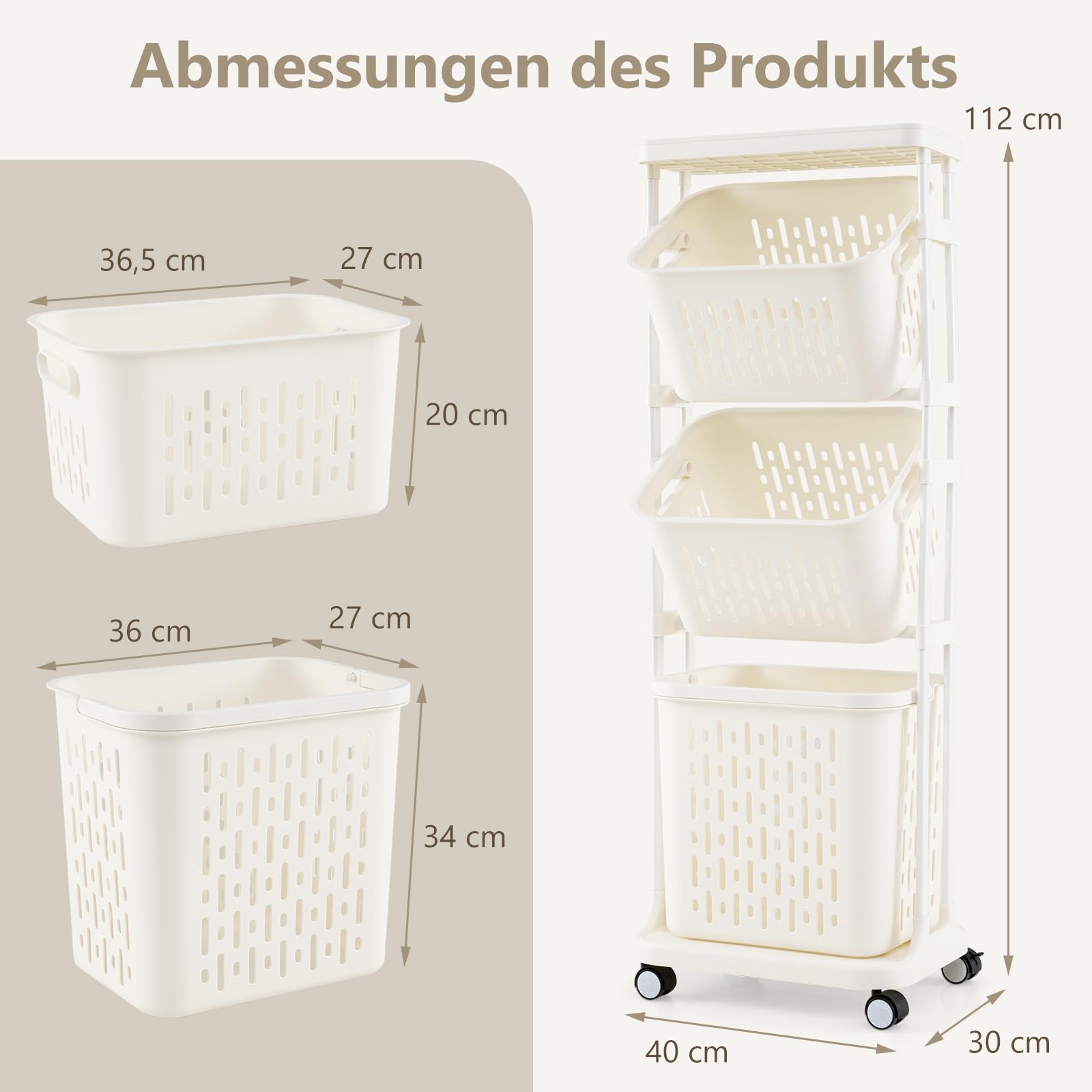 COSTWAY Wäschekorb Ständer, 72L Wäschesammler schmal 30cm breit, großer Korb mit Griff & 2 kleine Körbe mit kippbarem Design, Wäschesortierer Plastik, Rollwagen 3 Fächer, Metallrahmen, beige