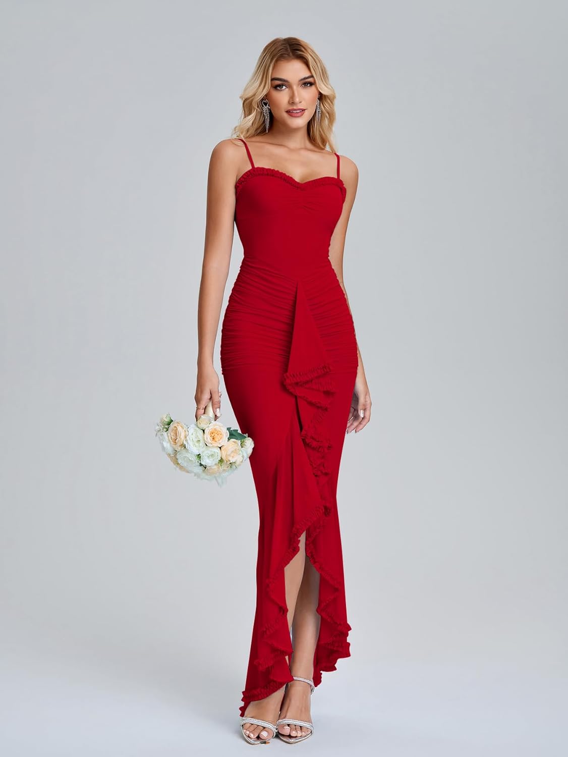 KUTUMAI Elegant Ruffle Long Formal Wedding Guest Dress Ruched Bodycon Slit Maxi Cocktail Dresses for Women - Image 3