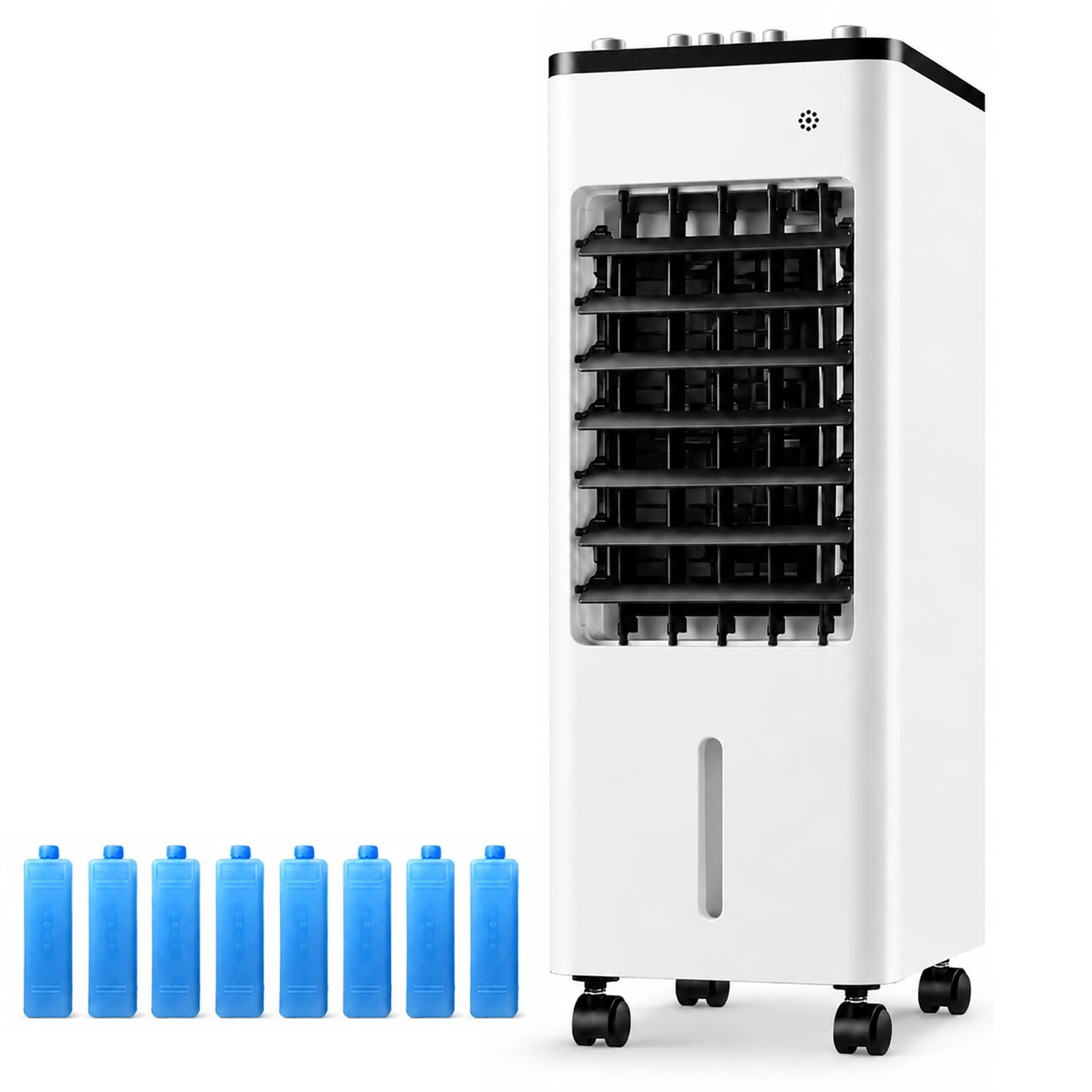 Raffrescatore Evaporativo Portatile con 8 Ghiaccioli, 3 Velocità, Doppio Serbatoio d’Acqua, Oscillazione 90°, Dispositivo di Raffreddamento Personale per Camera, Ufficio e Soggiorno