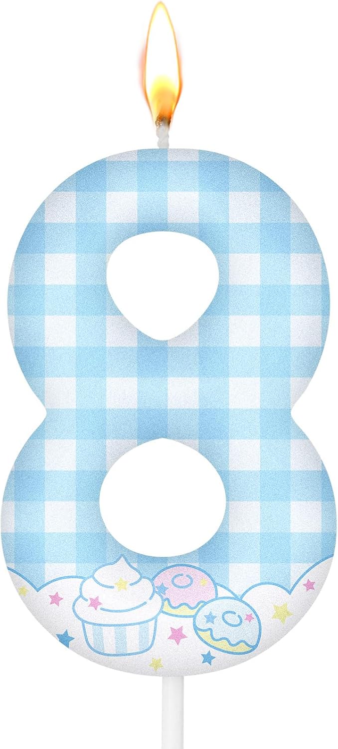 Conelist Cute Anime Themed Birthday Number Candles Kawaii Theme Birthday Cake Topper Blue and White Plaid, Cloud and Cake Pattern Candle for Girls Party Decor Supplies (Number 10)