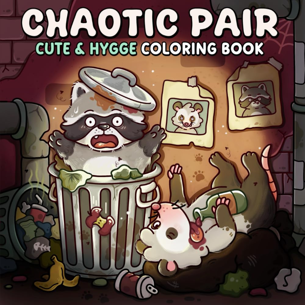 Chaotic Pair: A Coloring Book for Adults and Teens Featuring Raccoons and Opossums in Playful Moments and Daily Scenes for Relaxation