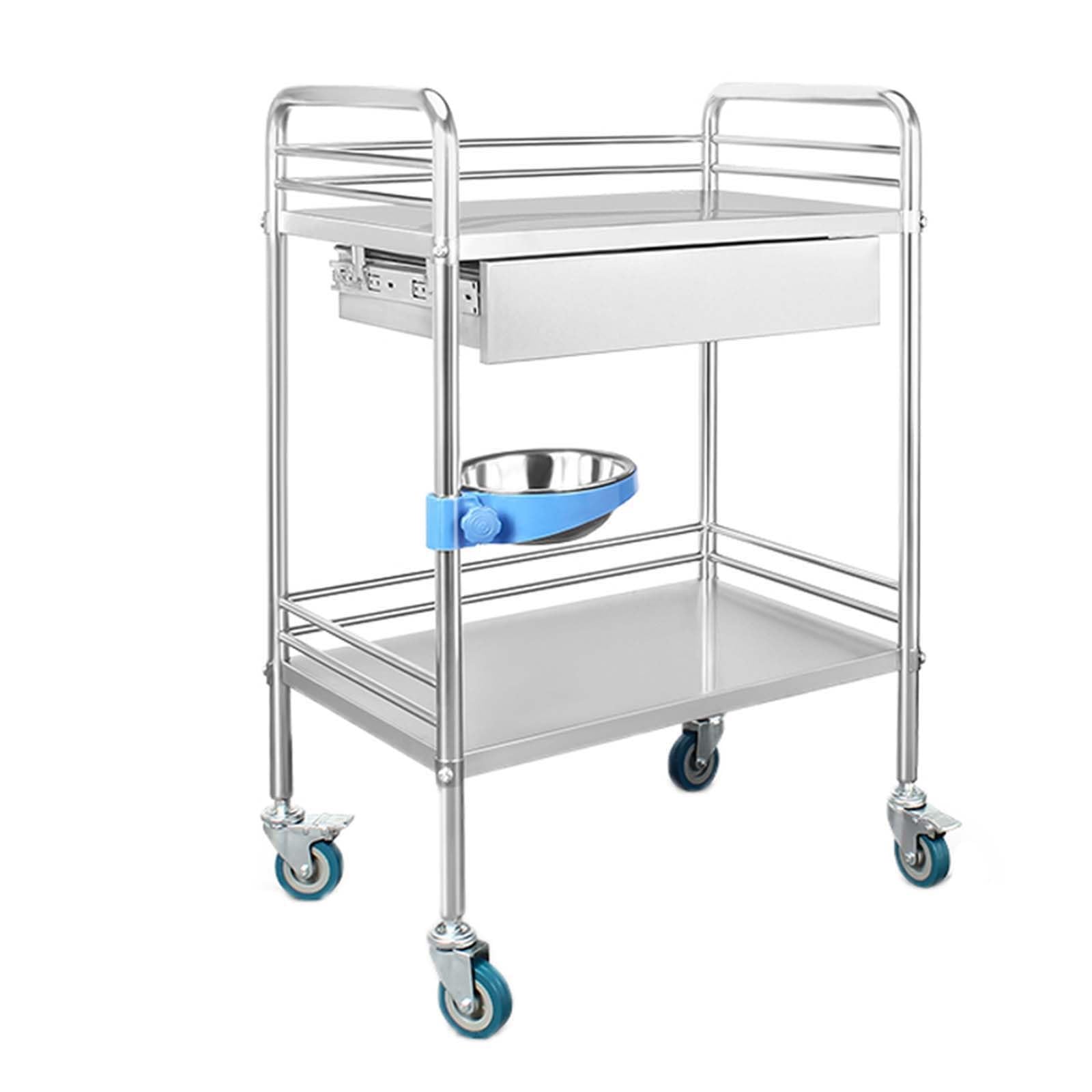 Carrello in Acciaio Inox 2 Piani Carrello Portaoggetti Parapetto Rialzato di 8 Centimetri con Cassetto Singolo capacità di Peso 115 Kilogram Rollwagen con Ruote A Freno Silenzioso