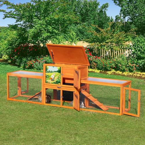 Outdoor Rabbit Hutch, 94" L x 19" W x 31" H Extra Large Bunny Hutch by COZIWOW, Wooden Rabbit Cage Indoor for Small Animals with Removable Tray & Weatherproof Roof, Orange