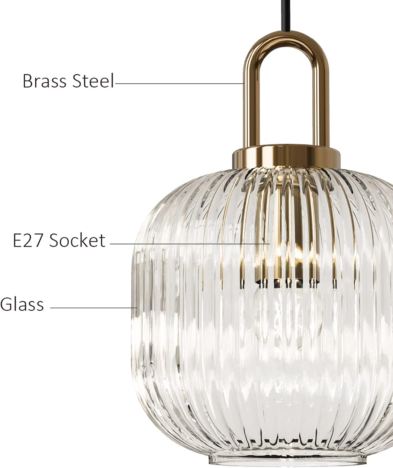 Industrial Vintage Pendant Lighting with Ribbed Glass Lamp Shade and Bronze Finish, Modern Retro Ceiling Light Hanging Lamp for Bedside Dining Table Kitchen Island (Transparent, 7.9")