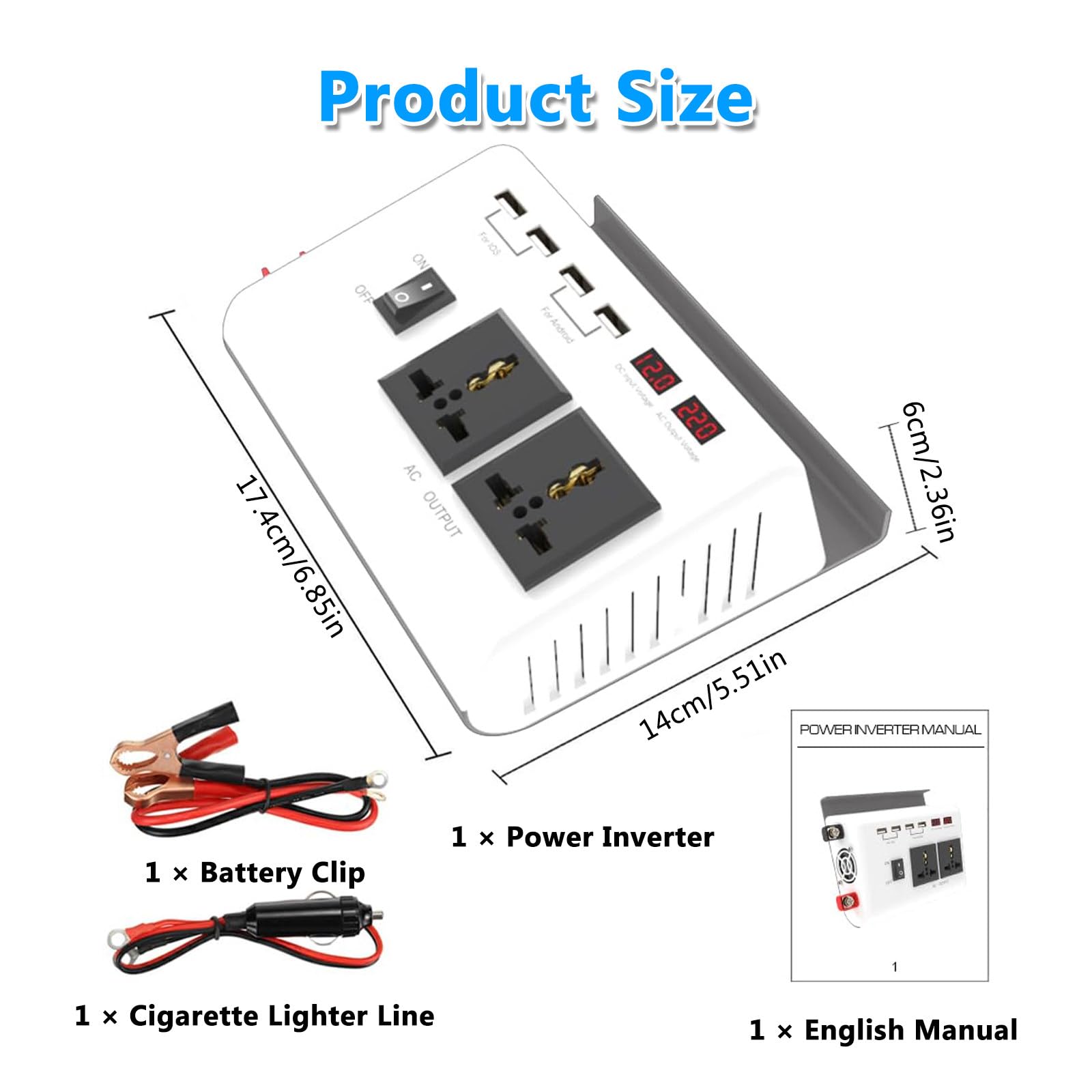 Inversor 12v para 220v Inversor Coche 300W con 4 Puertos USB 2 Tomas AC Soporte para Teléfono Adaptador de Coche Onda Sinusoidal Modificada para Viajes 12V-220V