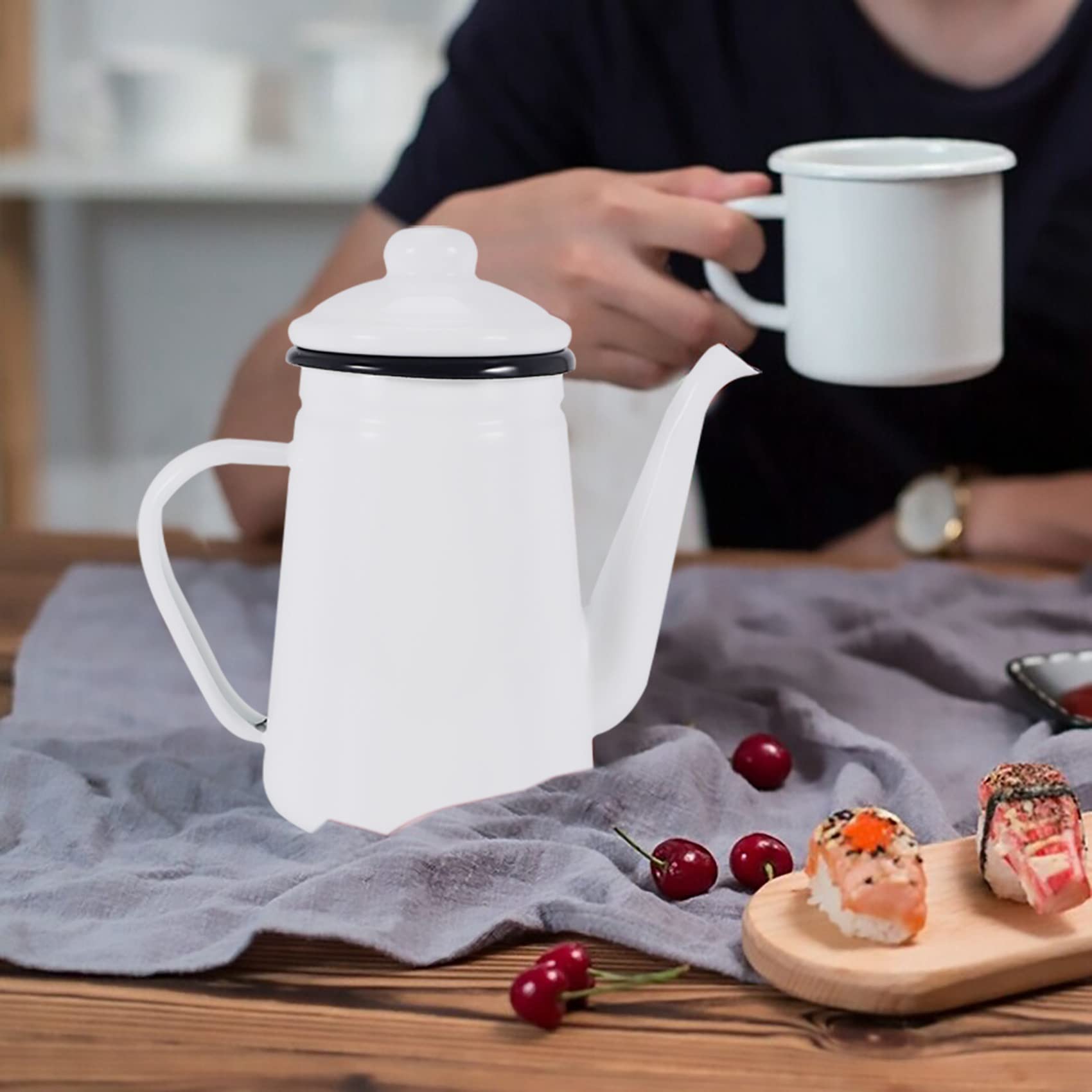Pot à Café en éMail de Qualité SupéRieure de 1,1L à Verser sur Le Pot à Eau en Poudre de Lait ThéIèRe pour CuisinièRe à Gaz et CuisinièRe à Induction, Blanc
