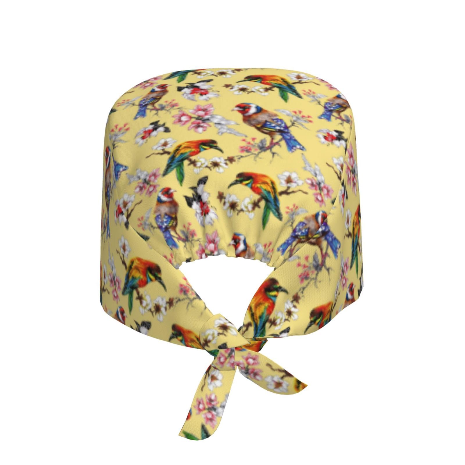 Buewutiry Scrub Caps Women Men Bright Birds and Flowers Working Surgical Nurse Dental Hats Ponytail Scrub Cap Black