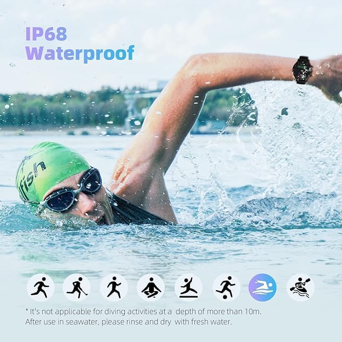 G-TIDE Smart Watch R1 being worn by a swimmer, demonstrating its IP68 waterproof capability