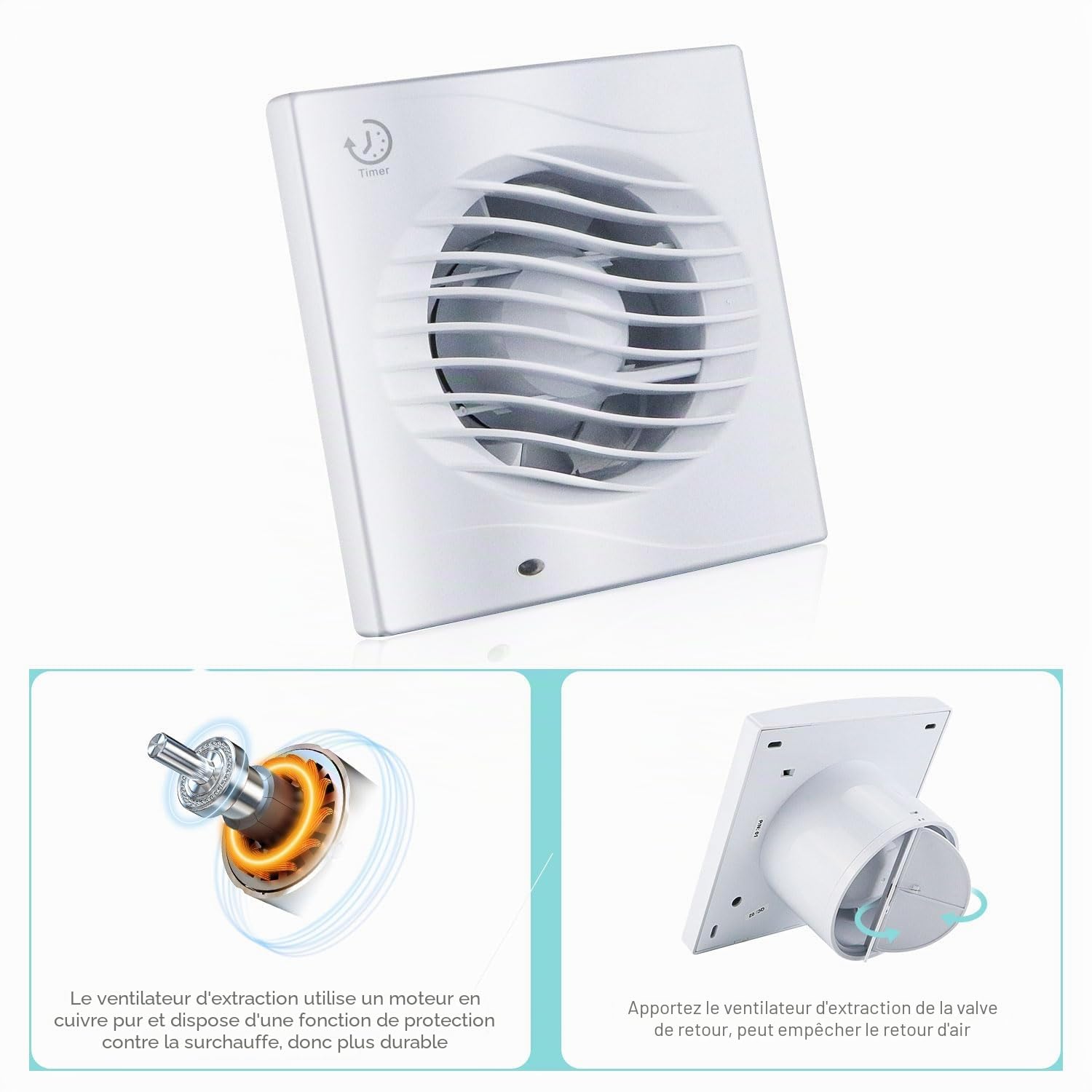 Anesty Ventilateur extracteur de salle de bain 4" avec minuterie, 12 W 130 m³/h, ventilateur d'échappement silencieux 100 mm avec clapet anti-retour – salle de bain, cuisine, WC, montage fenêtre/mural
