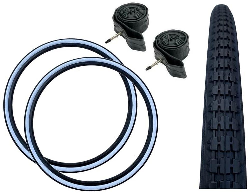 Baldys 26 x 1-3/8 Vintage Road Bike Tyres BLACK/WHITE WALL & Presta Valve Inner Tubes (Pack Of 2)