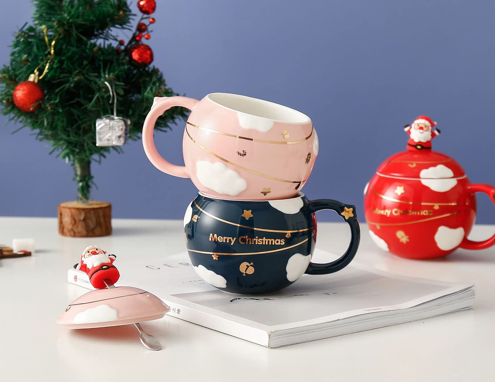Kubek ceramiczny świąteczny 400 ml Zestaw filiżanek do kawy i mokki Filiżanki spodki espresso z porcelany(Red)