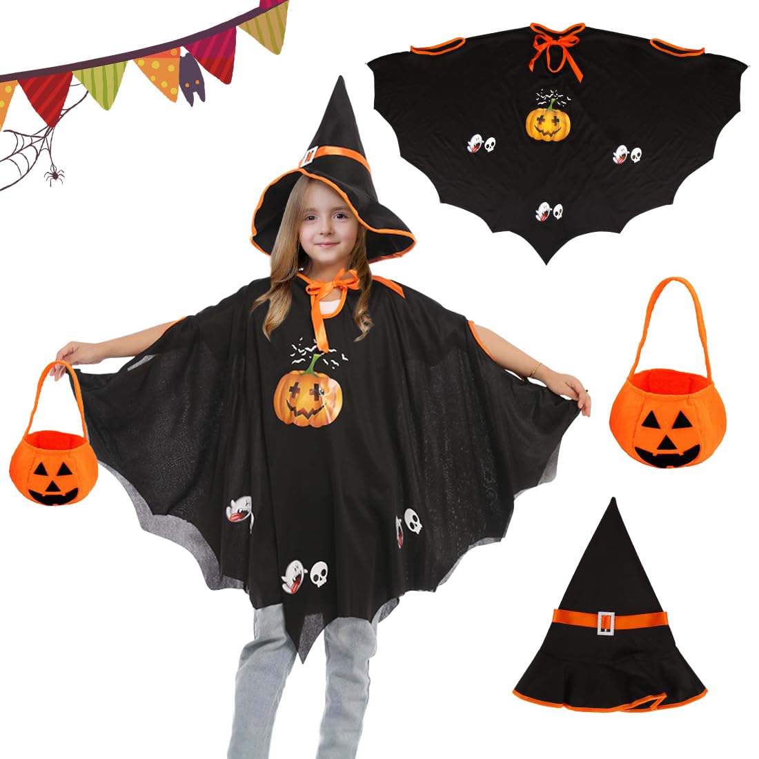 Costume Halloween Enfant Chauve-souris - Cape, Chapeau Sorcière, Sac Bonbons, Dents Vampire - Taille 90-150 Cm - 14