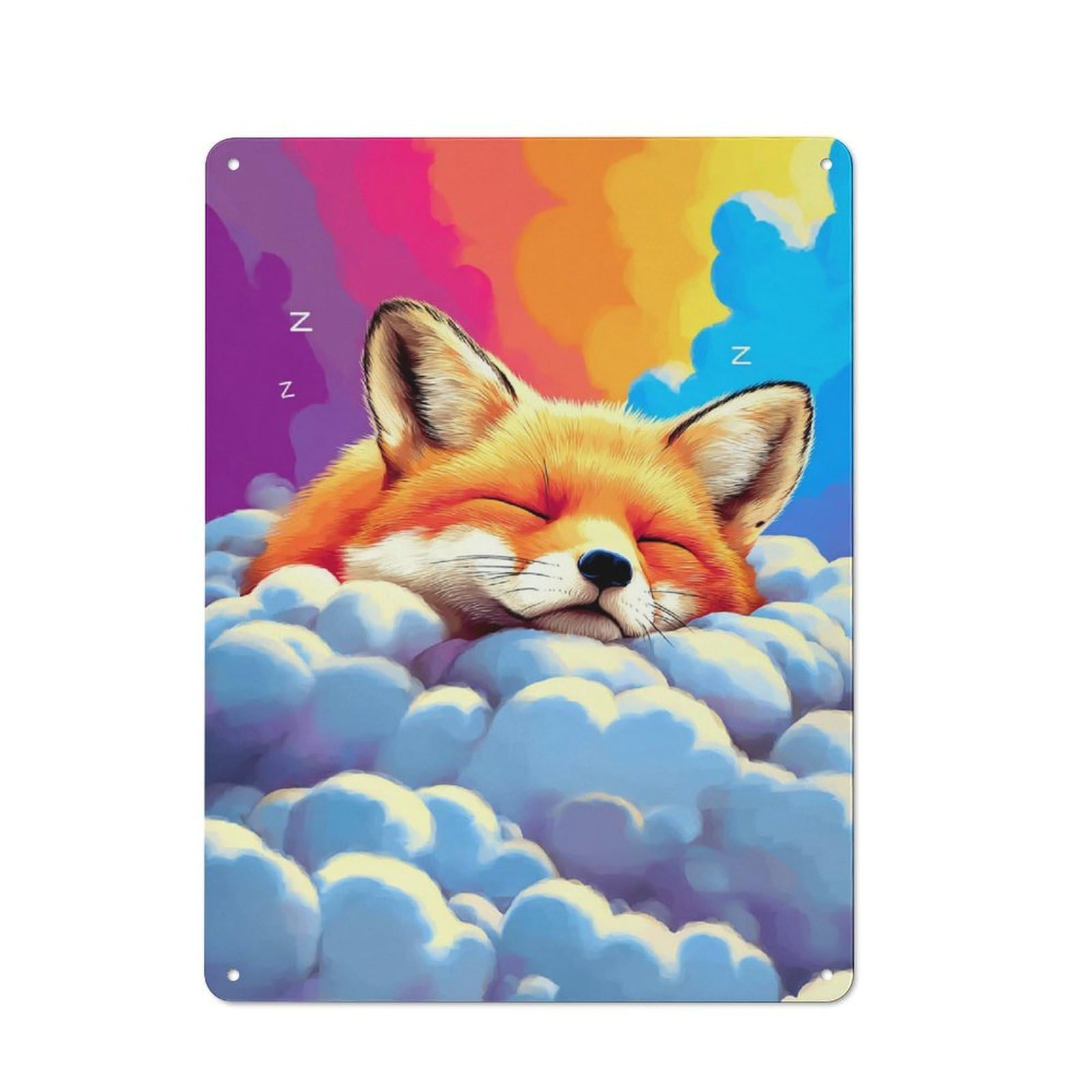 Junmoney Sleeping Fox In Clouds Retro Metal Gift Sign 40X30cm, Home Wall Decor For Flat, Dorm Room, Lounge Or Cafe