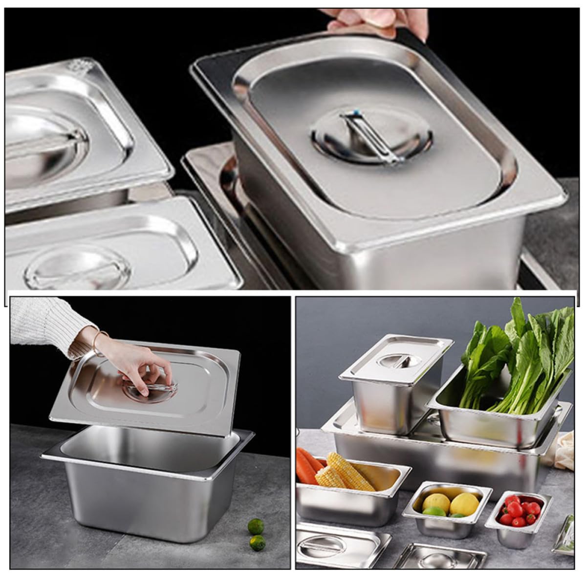 Lot de 2 Set de Set de Plateaux de Buffet en Acier Inoxydable Argenté Rectangulaires avec Couvercle, Réutilisables et Faciles à Nettoyer pour Service de Restauration