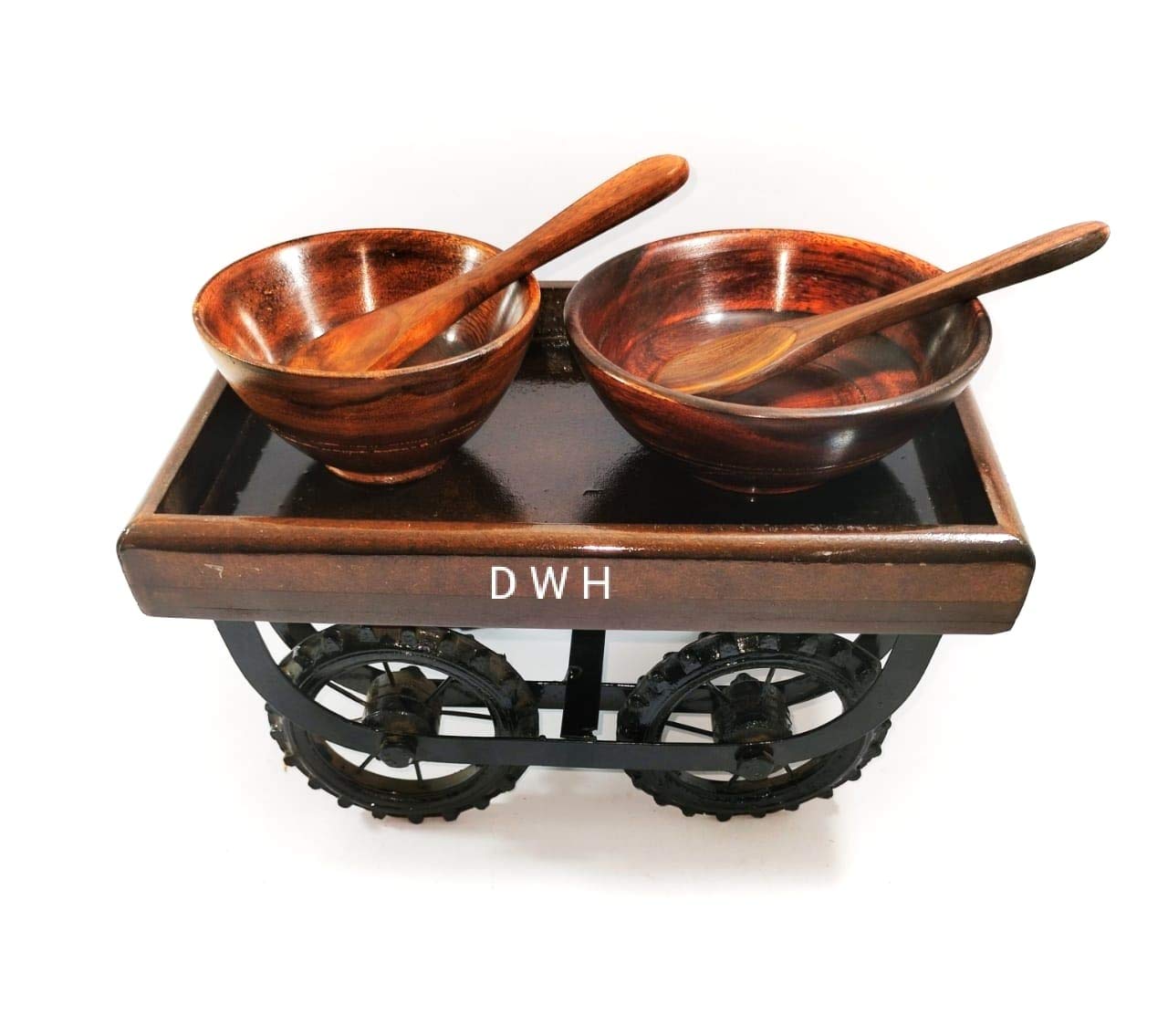 DWH Deluxe Wood HANDICRAFTS handmade Redi Shape Tray - Desi Look Wooden Tray with 2 Bowls/Square Wooden Wheel Tray//Great for Food and Drink - Wood Serving Tray with Wooden Bowl