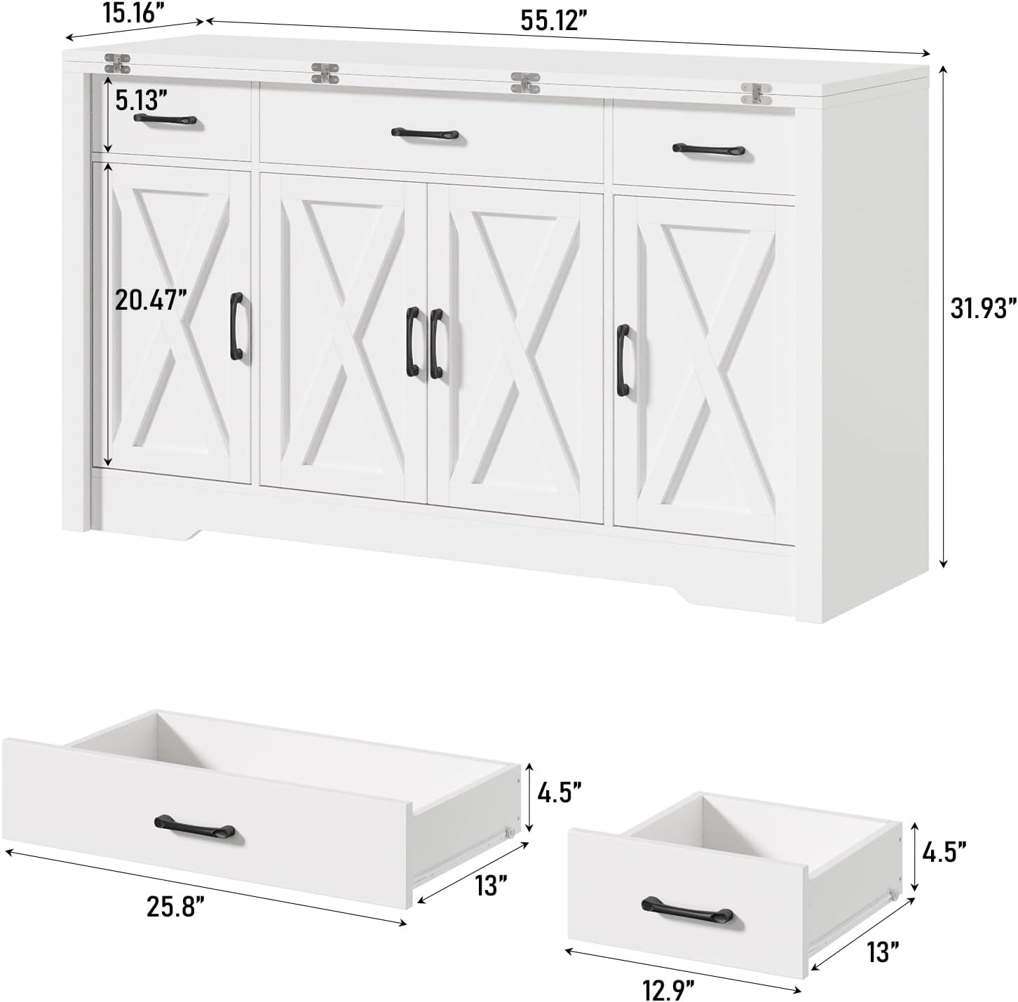 55" Farmhouse Sideboard Buffet Cabinet with Expandable Tabletop & Sliding Side Panel, 2-in-1 Wood Credenza Storage Cabinet with 3 Drawers & Adjustable Shelves, for Kitchen Living Room, White