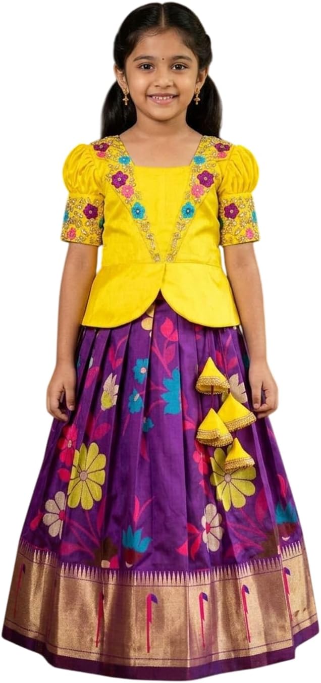 White Button Girls South Indian Pattu Pavadai | Traditional Digital Print Satin Lehenga Choli Set