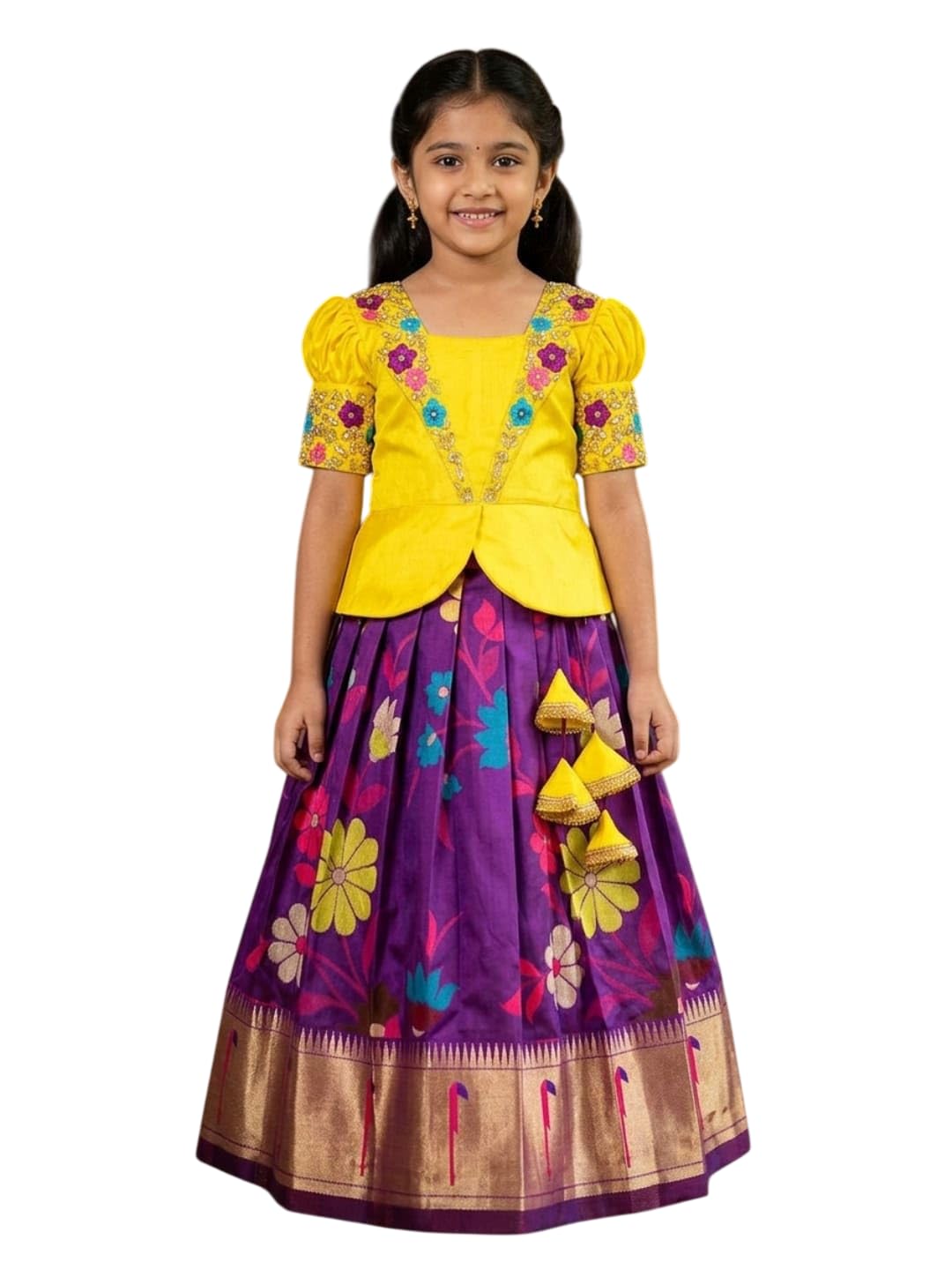 White Button Satin New South Indian Traditional Collar Digital Pattu Pavadai Readymade Lehenga Choli For Girl's Dress