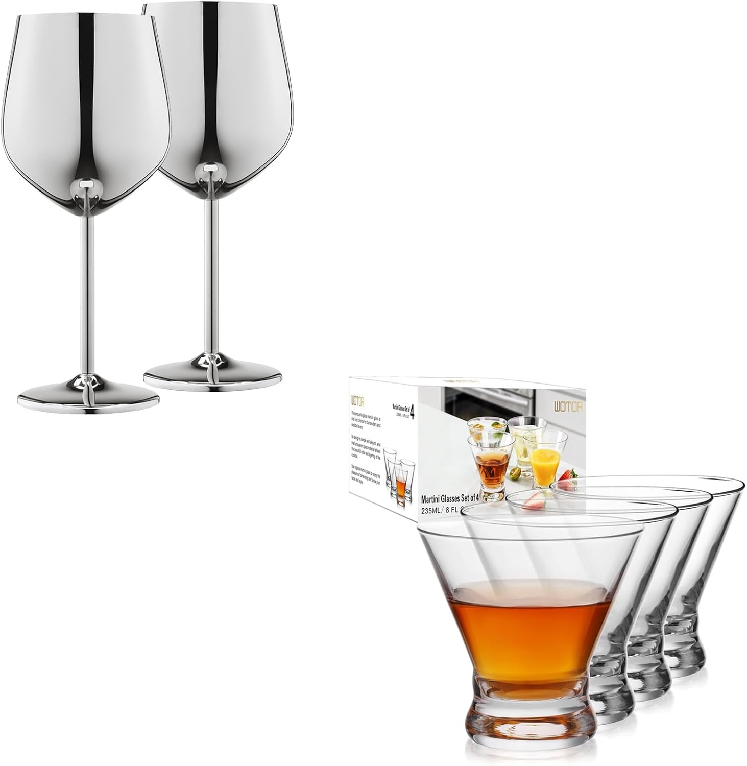 WOTOR Stemless Martini Glasses Set of 4, 8oz Cocktail Glass Set, Fancy Modern Martini Cups for Bar, Short and Small Margarita glasses