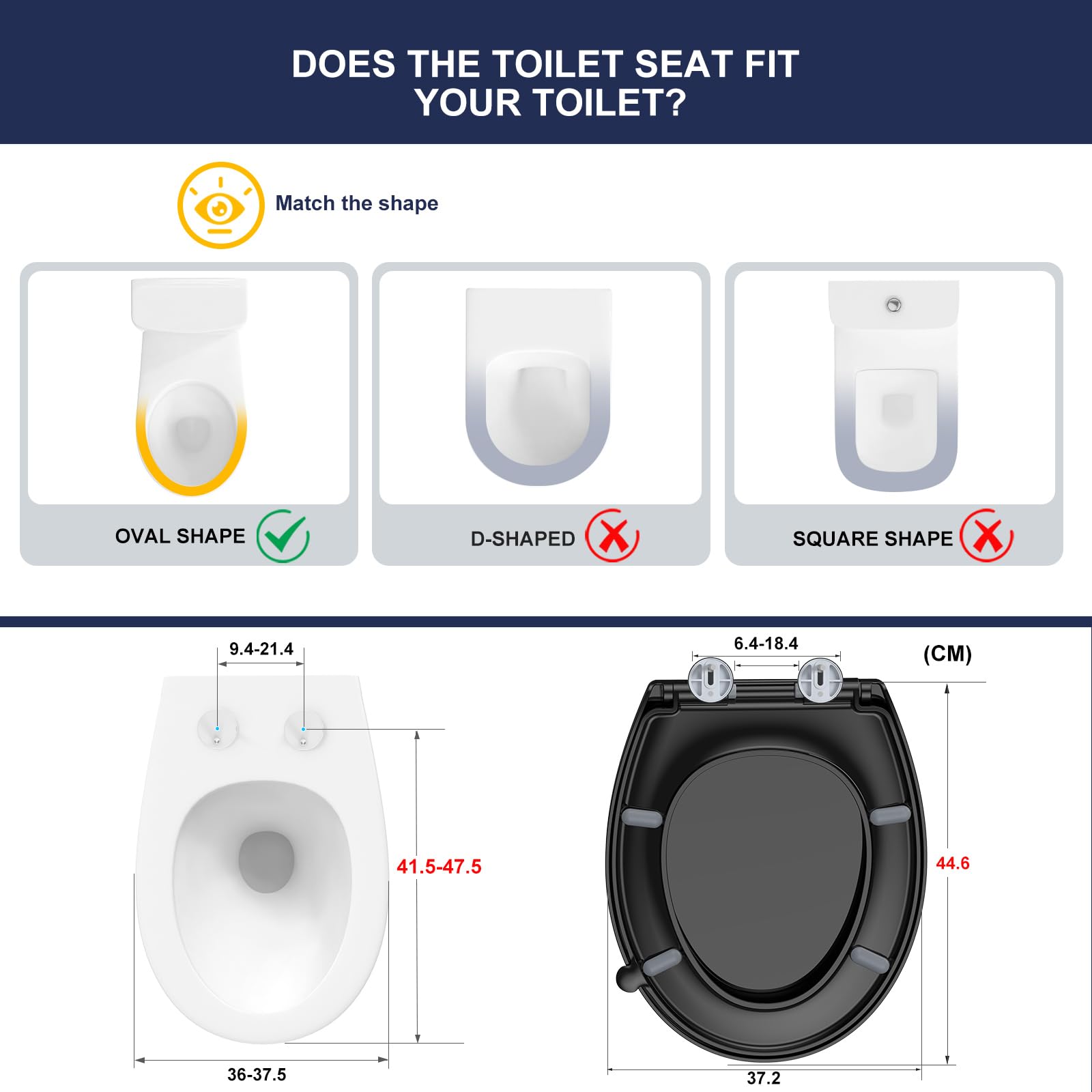 YEAUPE PRO Tapa WC Universal Forma O, Asiento de Inodoro de Cierre Suave en Forma de O con Liberación Rápida para una Fácil Limpieza, Estándar Ovalados, Negro, 44,6 x 37,2 x 4,3cm