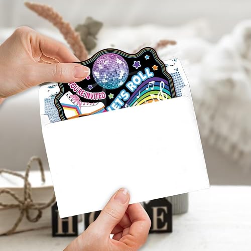 Miniatura 4 de ERHACHAIJIA 15 unidades de patines de bola ligera Let's Roll Disco con forma de arco iris, tarjetas de invitaciones con sobres, divertidas