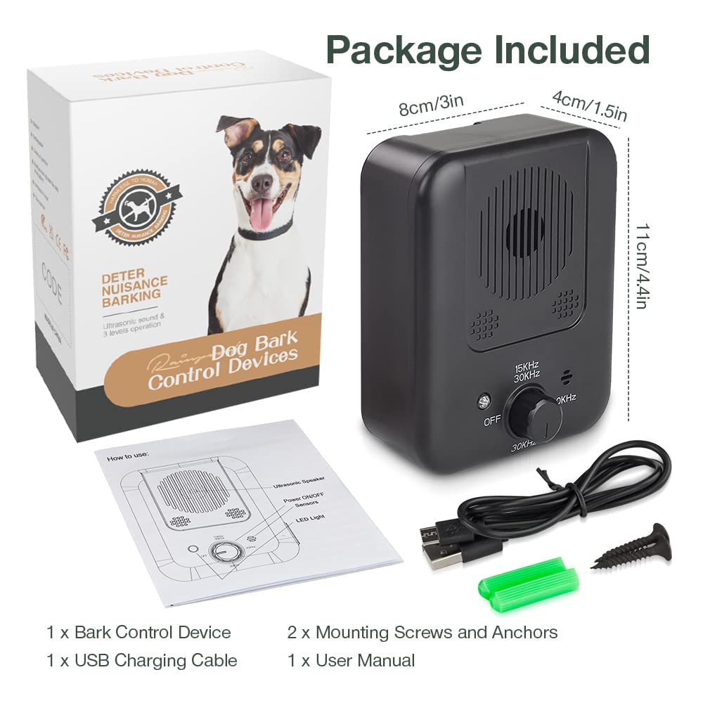 Ultrasuoni per Cani, Dispositivo Antiabbaio, 3 Livelli Regolabile Frequenza Dispositivo Controllo Antiabbaio, 33 Piedi Ultrasuoni Deterrente Anti-Abbaio per Cani Antiabbaio per Interni ed Esterni