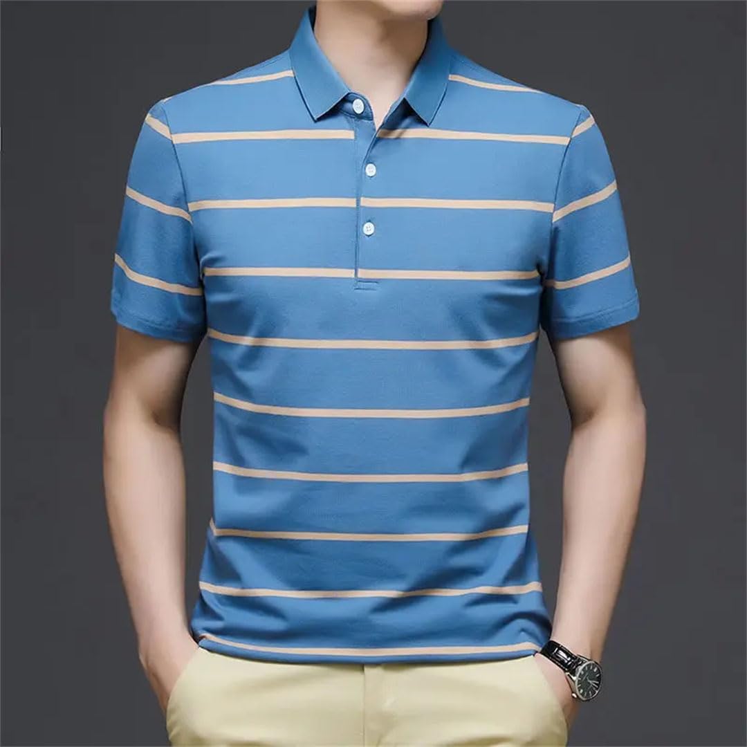 Polo de manga corta para hombre, a rayas, de algodón, con solapa, holgado, de secado rápido, para negocios