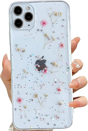 Miniatura 54 de Funda transparente para iPhone 16 Pro Max con diseño de flores reales presionadas, patrón floral rosa brillante y lindo, funda protectora de TPU