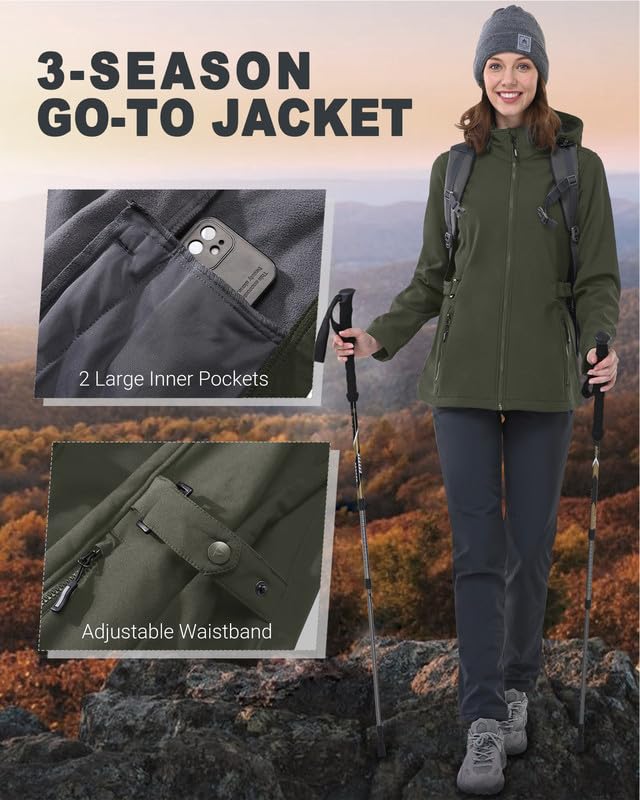 Outdoor Ventures Damen Softshelljacke Kurze Gefütterte Funktionsjacke Wasserdichte Übergangsjacke mit Abnehmbarer Kapuze Regenjacke Outdoor Regenmantel Softshellmantel für Wandern Laufen Oliv-Grün L