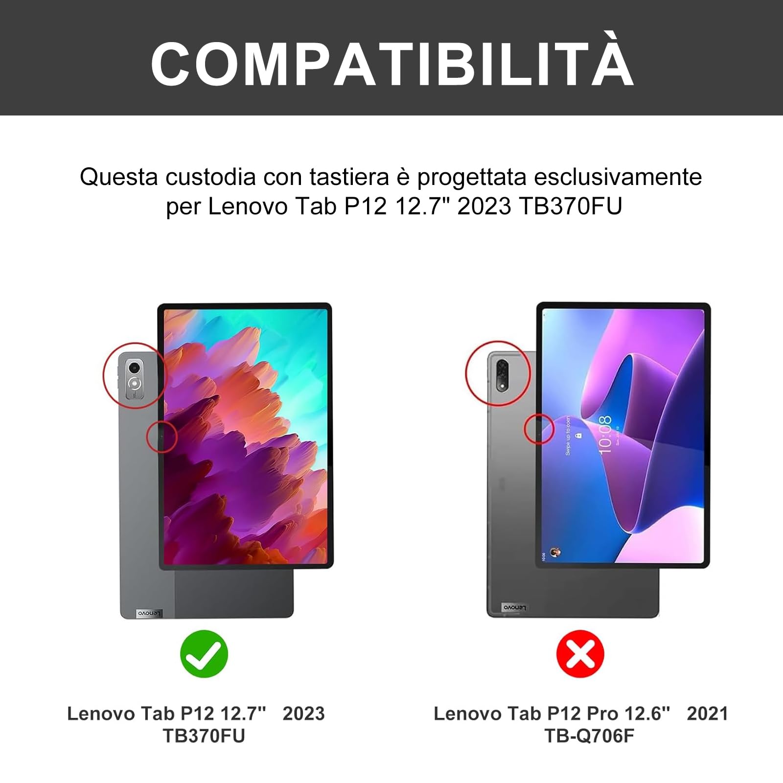 Occtingkind Tastiera Retroilluminata per Lenovo Tab P12 2023 - Custodia con Tastiera Bluetooth Multicolore per Lenovo Tab P12 TB370FU, Layout Italiano, USB C, Senza Touchpad, Nero