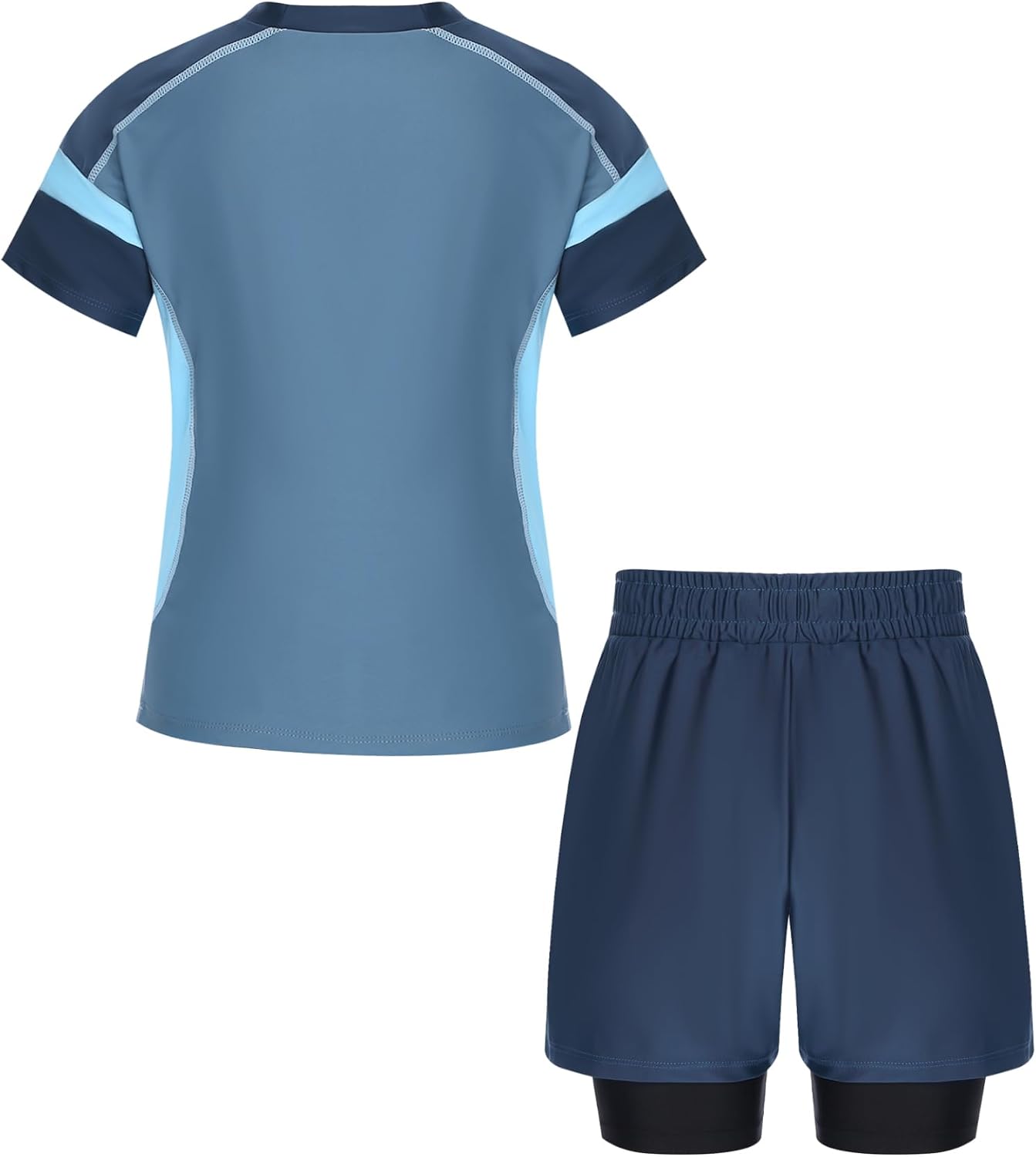 Sxiwei Kids Boys 2Pcs Swim Shirt with Drawstring Double Layers Shorts Set Short Sleeve Rash Guard Swimwear