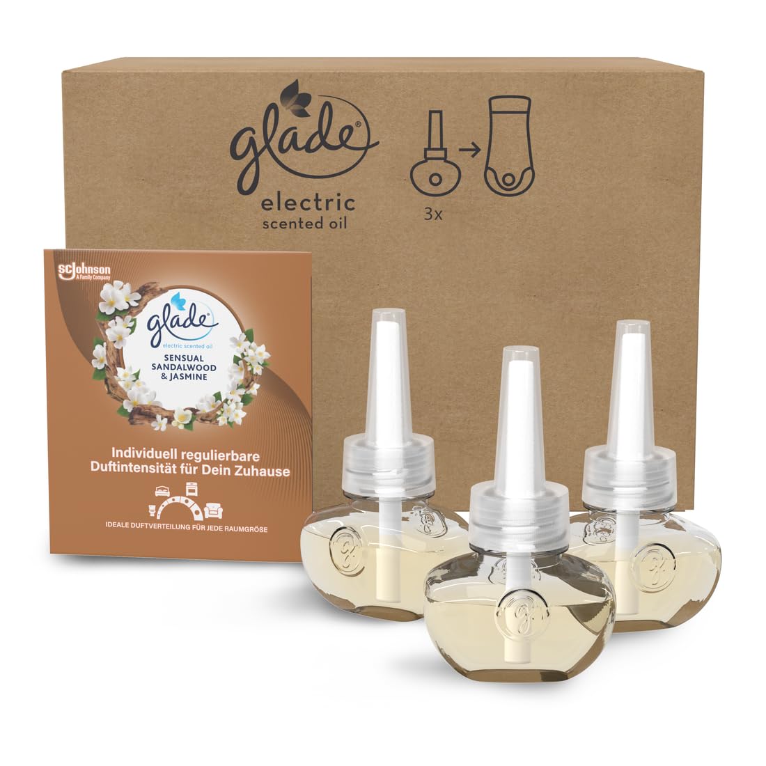 Glade (Brise) Electric Scented Oil Nachfüller, elektrischer Raumduft mit Duftöl, Sensual Sandalwood & Jasmine, 3er Pack (3 x 20 ml)