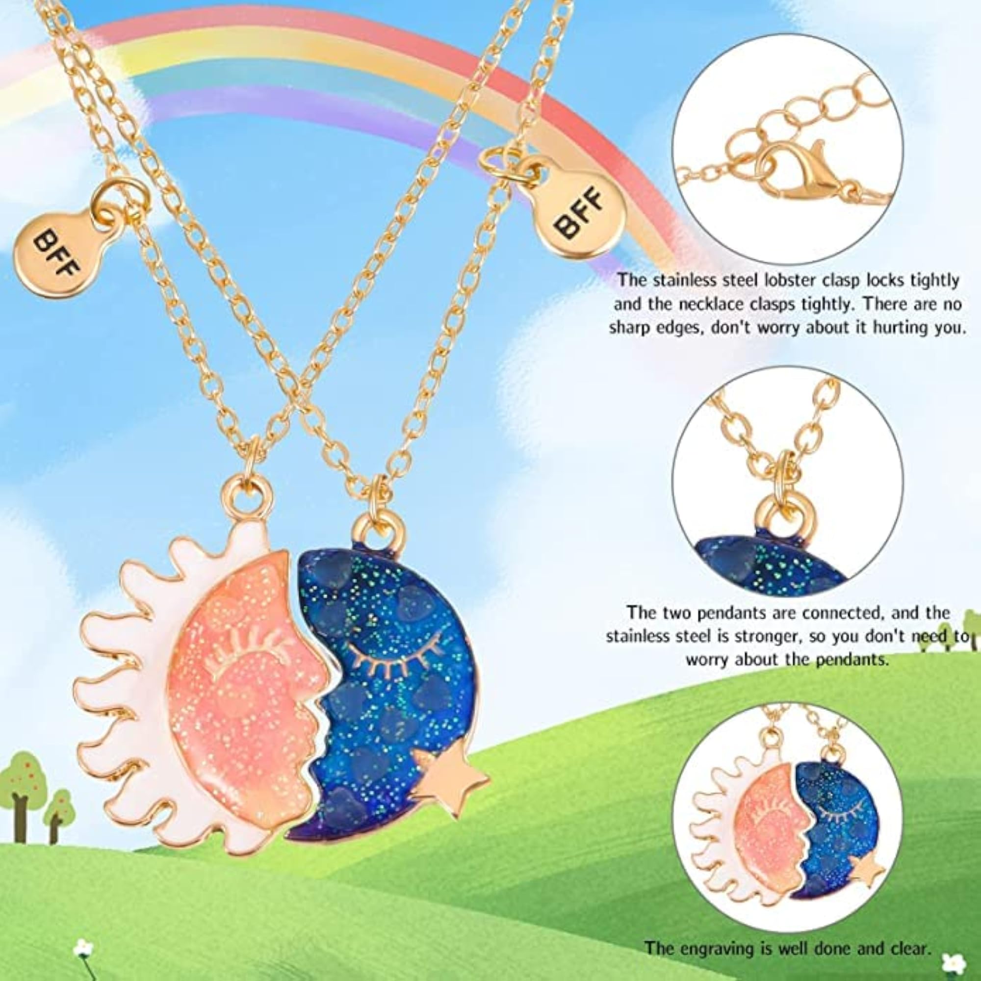 Set of 2 Luminous Sun Moon Star Magnetic Friendship Necklaces
