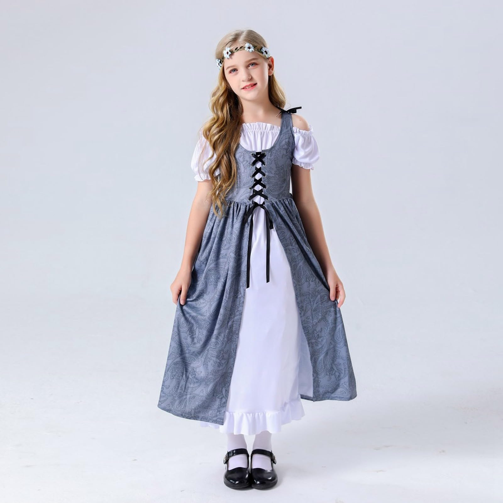 Generisch Dimndl 2026 średniowieczna sukienka dla dziewczynek, zestaw kostiumowy, elegancka sukienka z akcesoriami na imprezę Halloween, występ cosplay