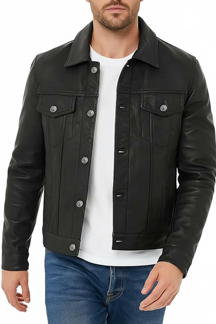 Black Leather Jacket For Men - Distinctive Distressed Brown Trucker Jacket - Vintage Style For Men - Image 3