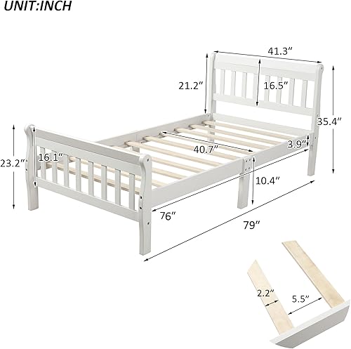 Miniatura 2 de Merax Base de cama con plataforma de madera, base de cama individual, base de colchón, trineo con cabecero y estribo y soporte de listones de madera