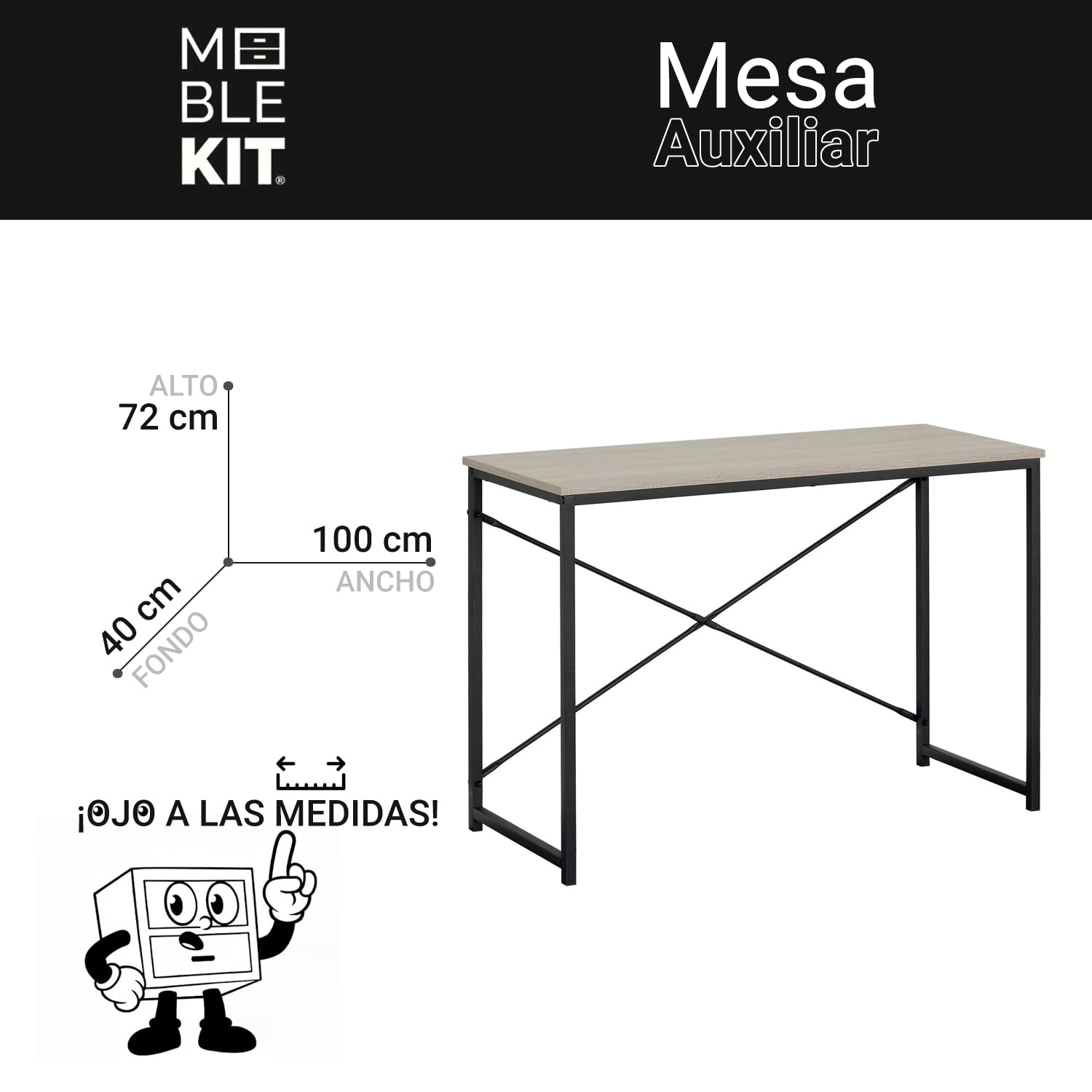 MOBLEKIT | Mesa Auxiliar Metal y Madera Negra 100x40x72 cm, Escritorio Auxiliar con Estructura Negra, Mesa Rectangular para Oficina, Salón o Dormitorio, Mueble Funcional y Estable para Hogar Moderno
