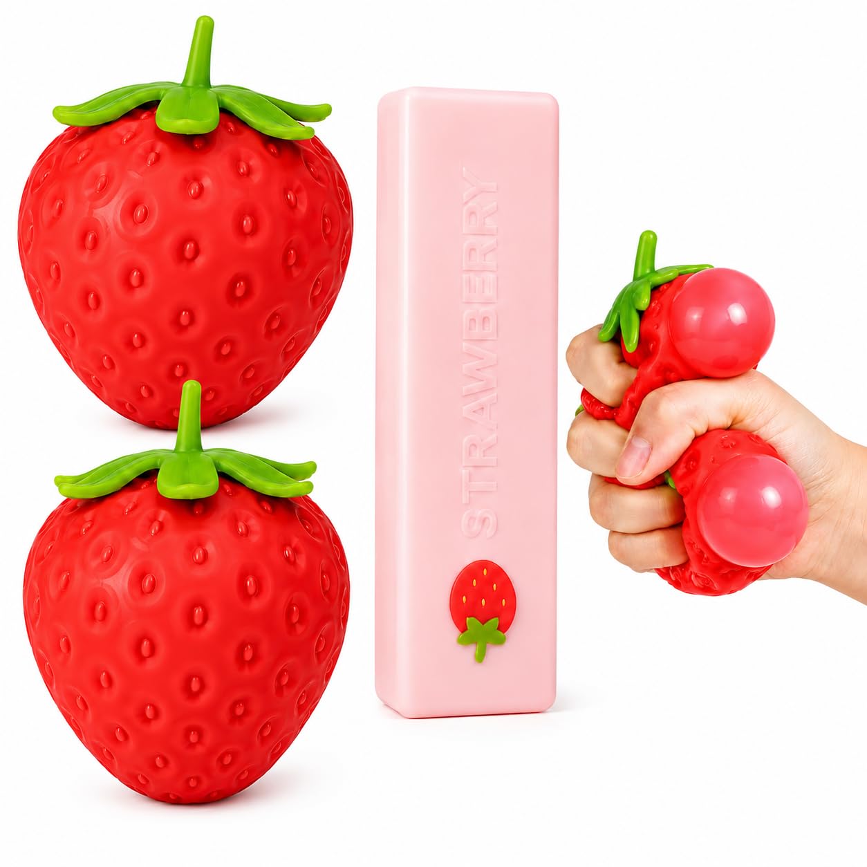 3Pcs Strawberry Squishy, Strawberry and Strawberry Stick Squishy, Soft and Squeezable Design, Stress Relief and Focus Aid, Portable and Reusable, Ideal for Office and Home Use