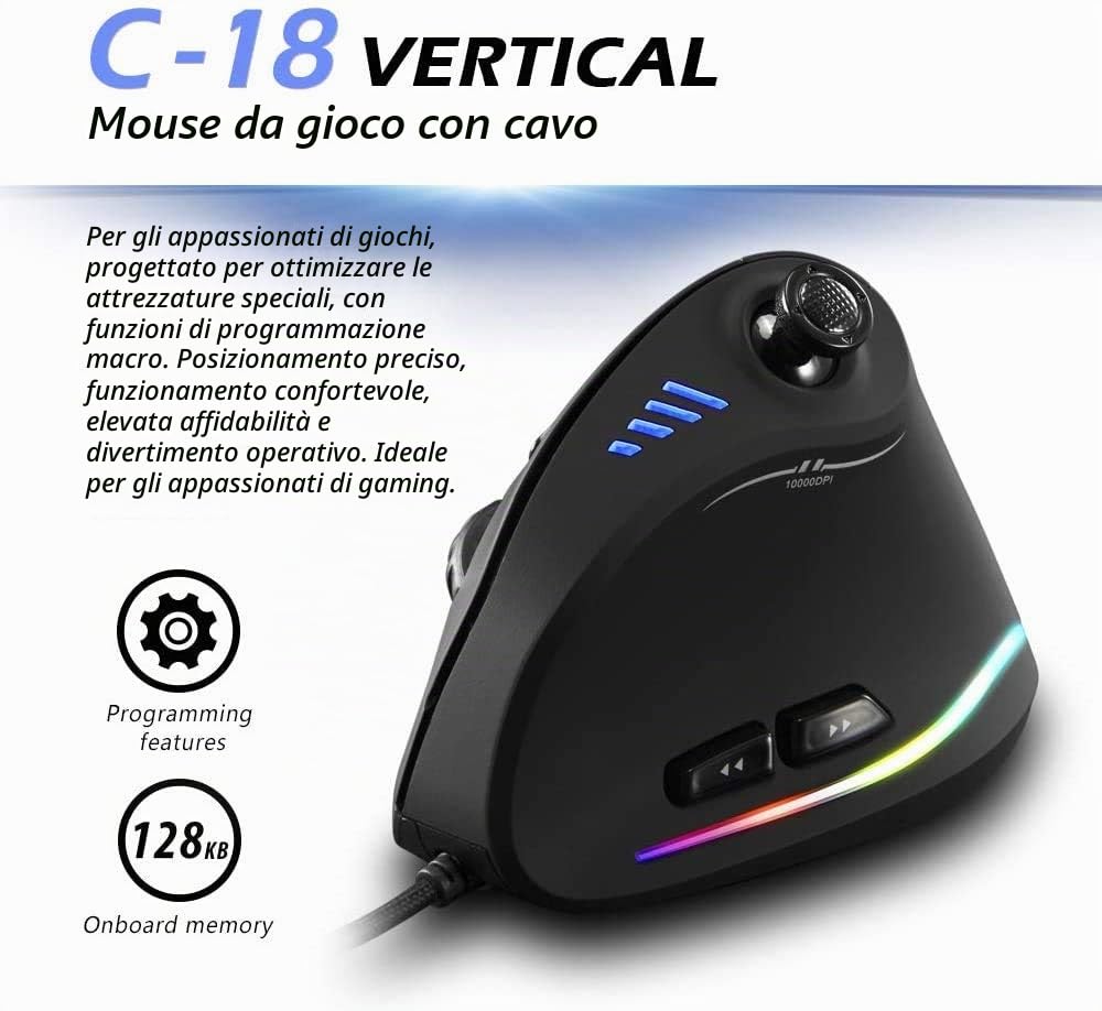 Zelotes Mouse verticale con barra di controllo, mouse ergonomico 10.000 dpi, 11 pulsanti RGB, mouse da gioco cablato ottico per computer portatile, PC, nero