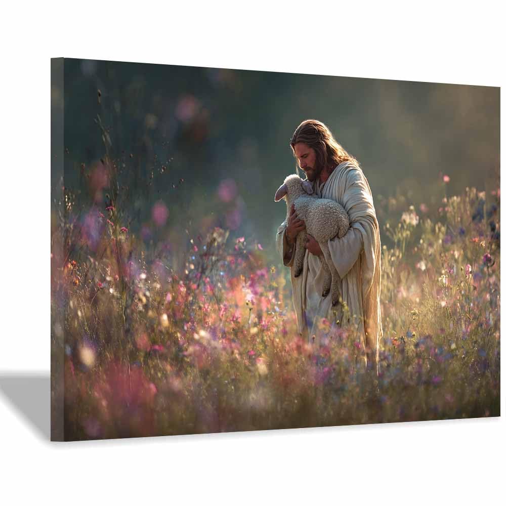 ZAMAEIU Jesus Christ Classic Painting Style Embracing in a flowers fields Religious Figure Wall Art Print,Room Decor for living room, bedroom, church, hospital(white)-30x50cm Framed